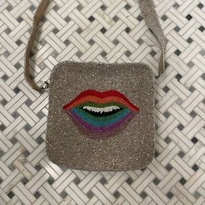 Moyna Silver Beaded Crossbody Bag with Rainbow Lips